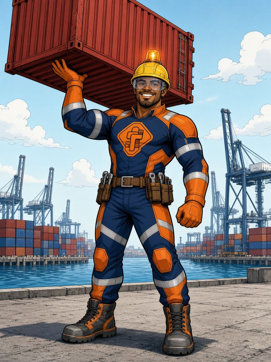 Twistlock, a dockworker superhero in a yellow hard-hat helmet and navy and orange suit, holding a shipping container over his head